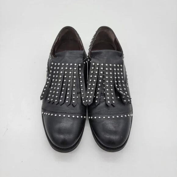 BOEMOS Black Silver Leather Studded Fringe Wingtip Slip On Loafers Size 36 - Picture 2 of 13